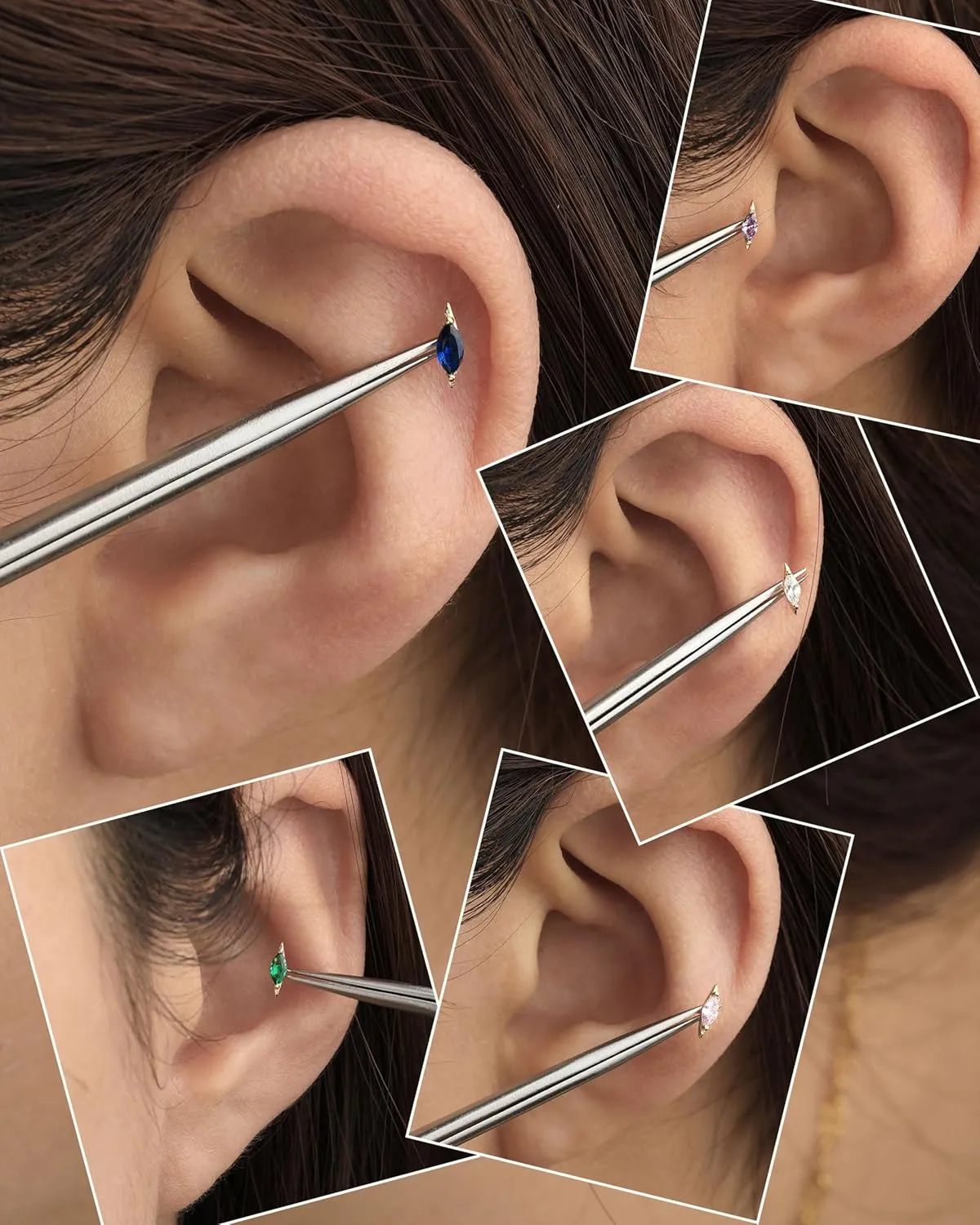 Jewseen 14K Gold Cartilage Stud Earring 16g Flat Back Helix Tragus Conch Piercing JewelryPush-in Labret Stud for Women
