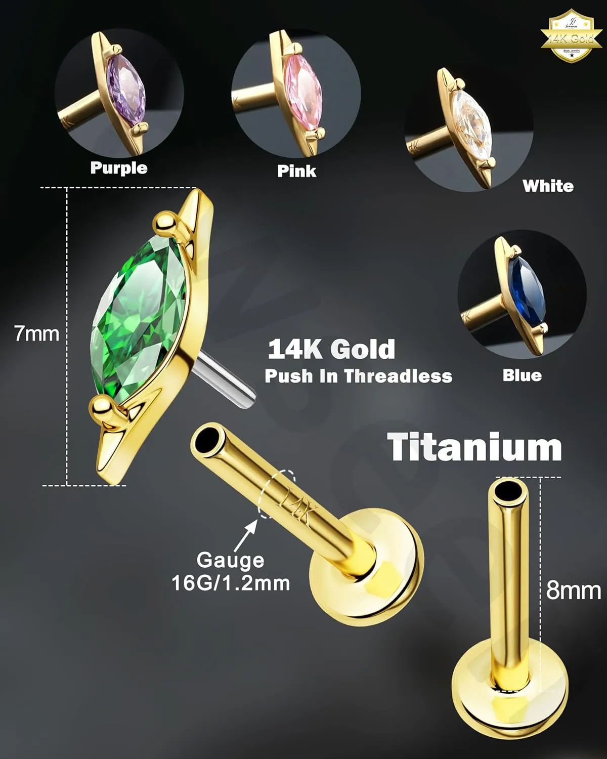Jewseen 14K Gold Cartilage Stud Earring 16g Flat Back Helix Tragus Conch Piercing JewelryPush-in Labret Stud for Women