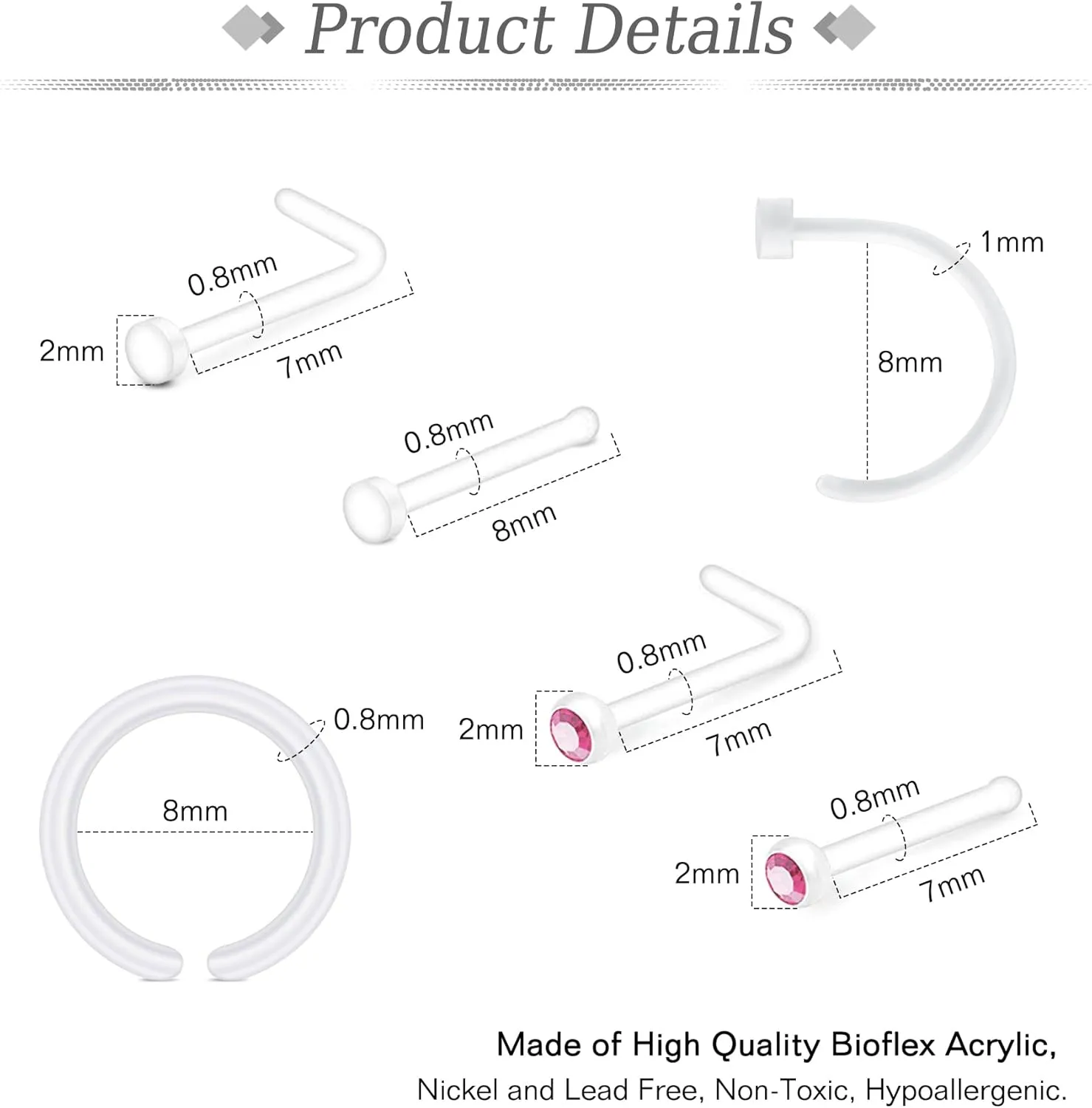 JFORYOU 18-20G Clear Acrylic Nose Ring Bioflex Stud Retainer Nose Piercing Body Jewelry for Men Women