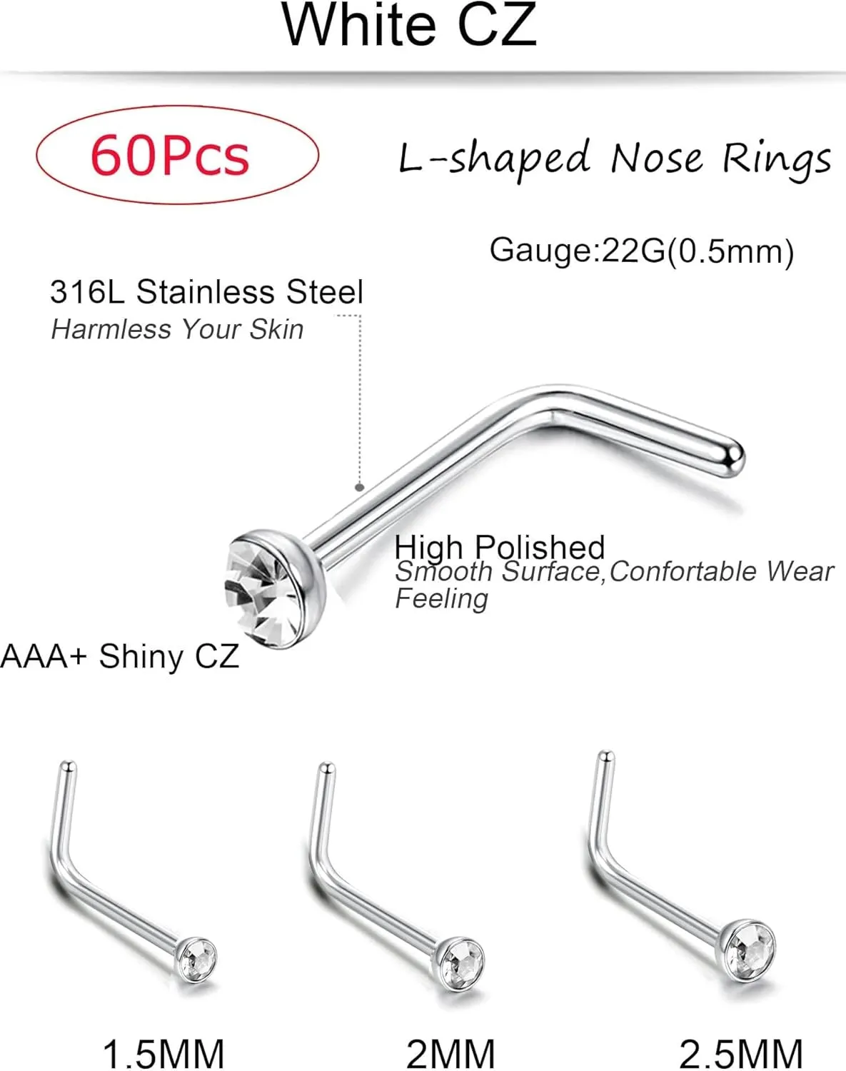 Jstyle 60Pcs L Nose Piercing Studs Jewelry for Women Stainless Steel Body Ear Piercing 22G 1.5mm 2mm 2.5mm