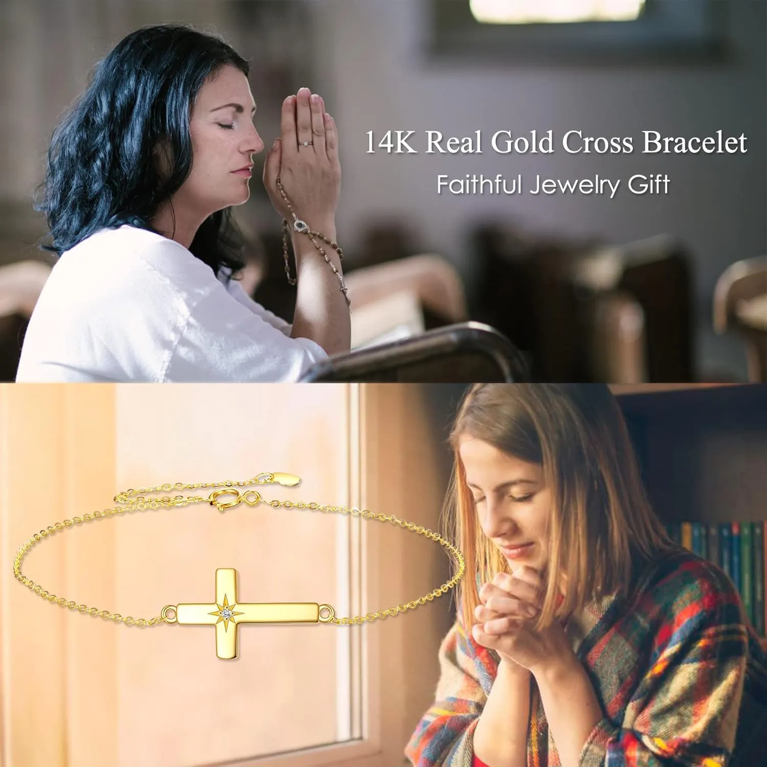 KECHO 14k Solid Gold Cross Bracelets for Women Pearl Bracelets Religious Cross Adjustable Link Chain Cross Jewelry Mothers Day Birthday Gifts for Women Mom Friends