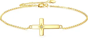 KECHO 14k Solid Gold Cross Bracelets for Women Pearl Bracelets Religious Cross Adjustable Link Chain Cross Jewelry Mothers Day Birthday Gifts for Women Mom Friends