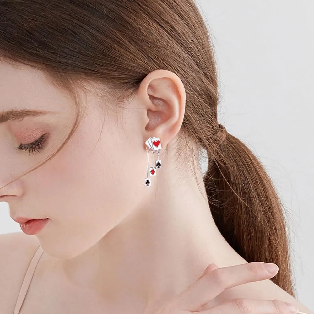 KEQ Poker Huggie Hoop Earrings 925 Sterling Silver Casual Casino Hearts and Spades Playing cards Simulate Cool Funny Earrings for Women