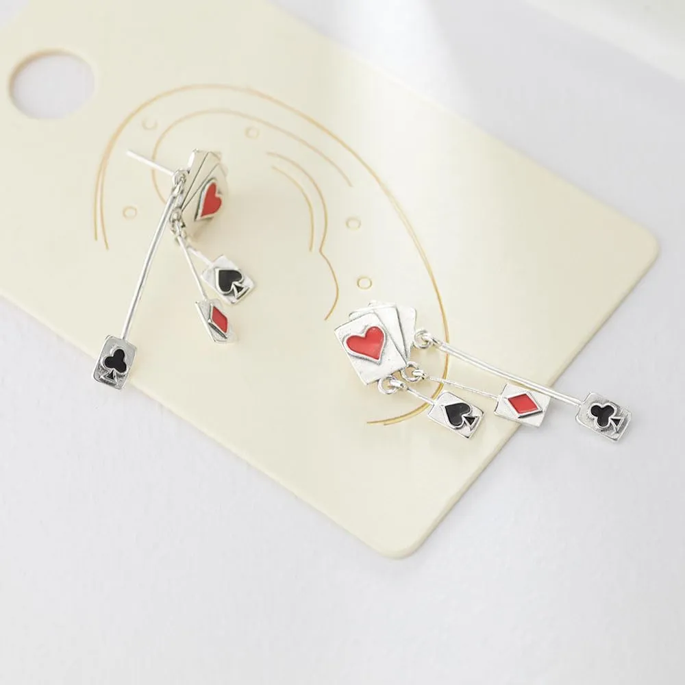 KEQ Poker Huggie Hoop Earrings 925 Sterling Silver Casual Casino Hearts and Spades Playing cards Simulate Cool Funny Earrings for Women