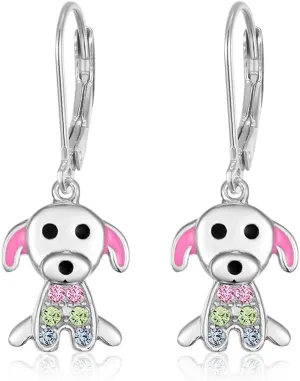 Kids Earrings - 925 Sterling Silver with a White Gold Tone Pink Enamel and Crystal Dog