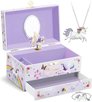 Kids Musical Jewelry Box with Big Drawer and Zirconia Stones Jewelry Set with Spinning Unicorn and Glitter Rainbow Butterfly Design - Beautiful Dream Tune Purple