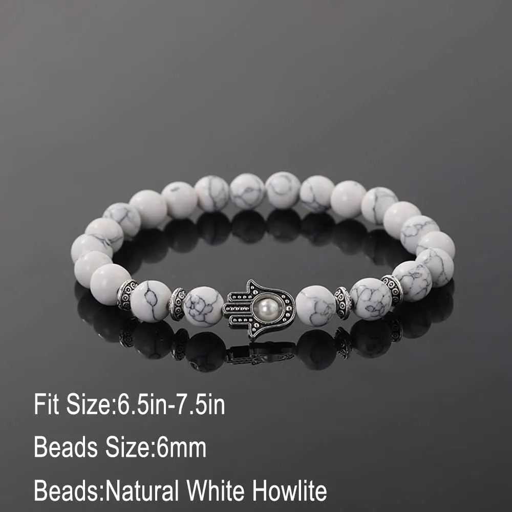 KIKILA 2Pcs Set Handmade Elastic 6mm Beads Hamsa Bracelet Natural Stone Evil Eye Hamsa Fatima Hand Charm Beaded Couples Bracelets Kabbalah Bracelet