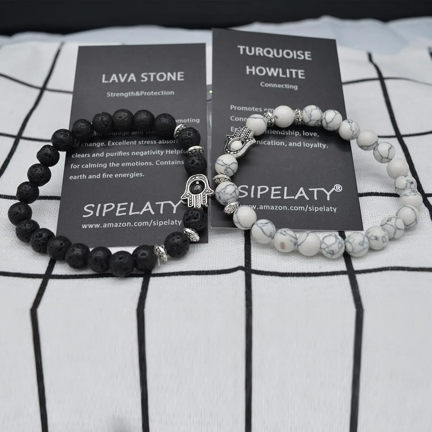 KIKILA 2Pcs Set Handmade Elastic 6mm Beads Hamsa Bracelet Natural Stone Evil Eye Hamsa Fatima Hand Charm Beaded Couples Bracelets Kabbalah Bracelet