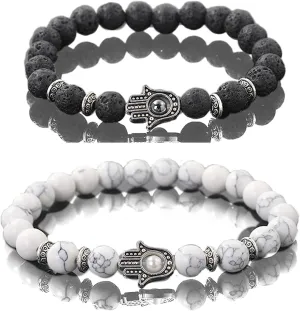 KIKILA 2Pcs Set Handmade Elastic 6mm Beads Hamsa Bracelet Natural Stone Evil Eye Hamsa Fatima Hand Charm Beaded Couples Bracelets Kabbalah Bracelet