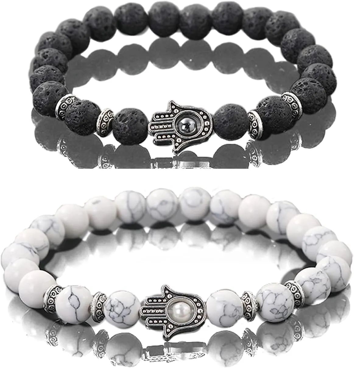 KIKILA 2Pcs Set Handmade Elastic 6mm Beads Hamsa Bracelet Natural Stone Evil Eye Hamsa Fatima Hand Charm Beaded Couples Bracelets Kabbalah Bracelet