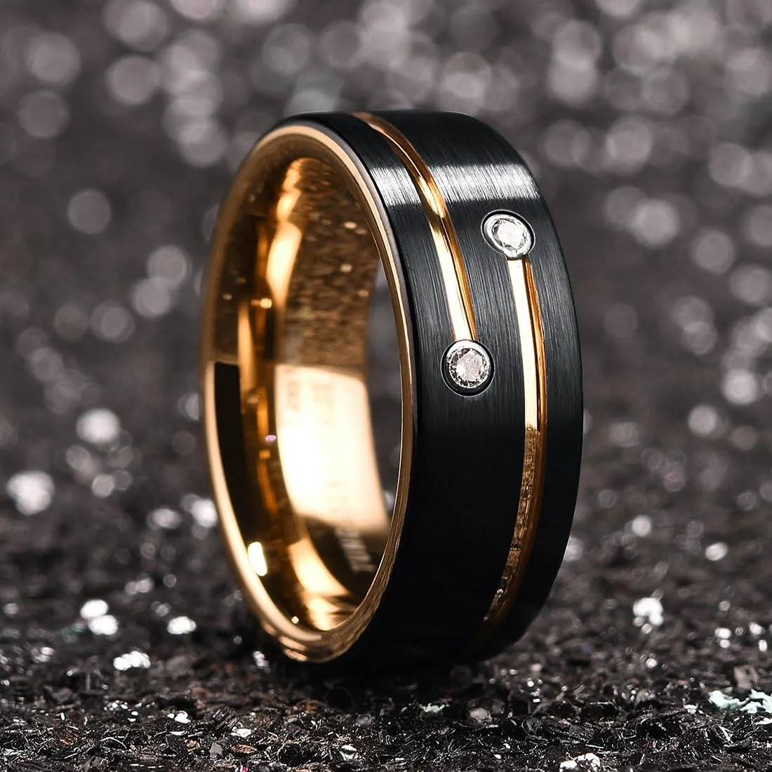 King Will 8mm Tungsten Carbide Wedding Band for Men Black Gold Silver Plated Groove Cubic Zircon Inlay Promise Ring For Him