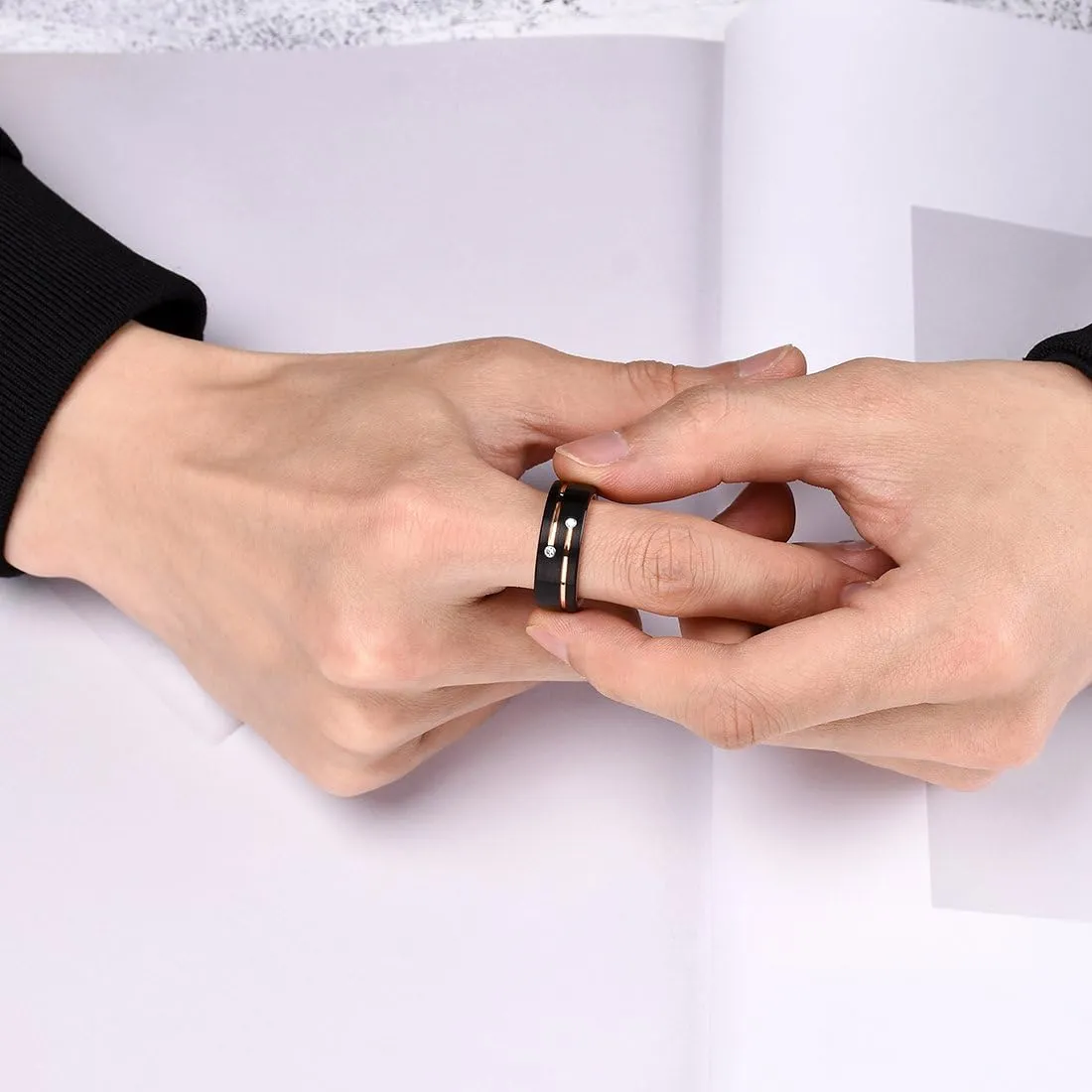 King Will 8mm Tungsten Carbide Wedding Band for Men Black Gold Silver Plated Groove Cubic Zircon Inlay Promise Ring For Him