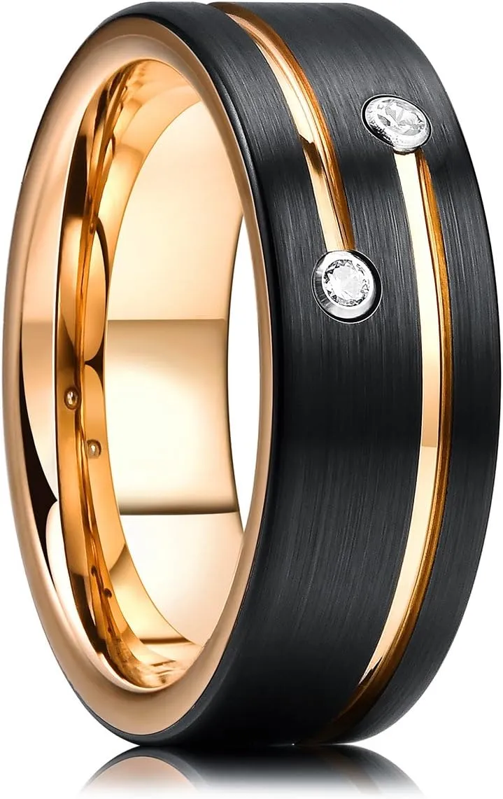 King Will 8mm Tungsten Carbide Wedding Band for Men Black Gold Silver Plated Groove Cubic Zircon Inlay Promise Ring For Him
