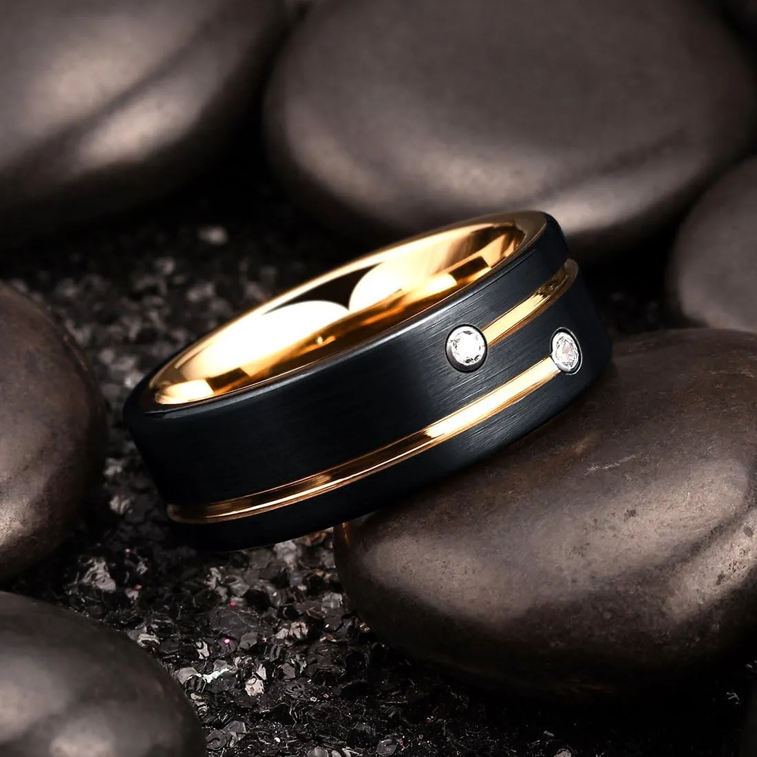 King Will 8mm Tungsten Carbide Wedding Band for Men Black Gold Silver Plated Groove Cubic Zircon Inlay Promise Ring For Him