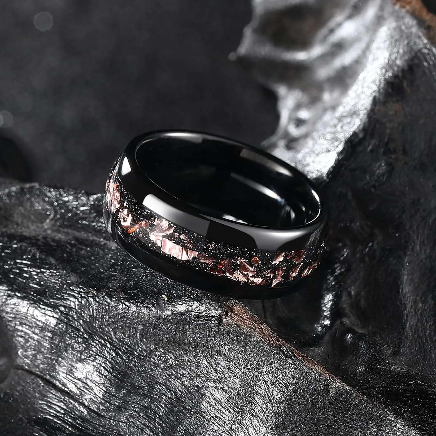 King Will Mens 8mm Tungsten Carbide Wedding Band Rose Gold/Silver Foils Inlay - Black Engagement Ring for Couples, Promise Ring for Women, Domed Polished, Comfort Fit, Size 7-12, Jewelry Box Included