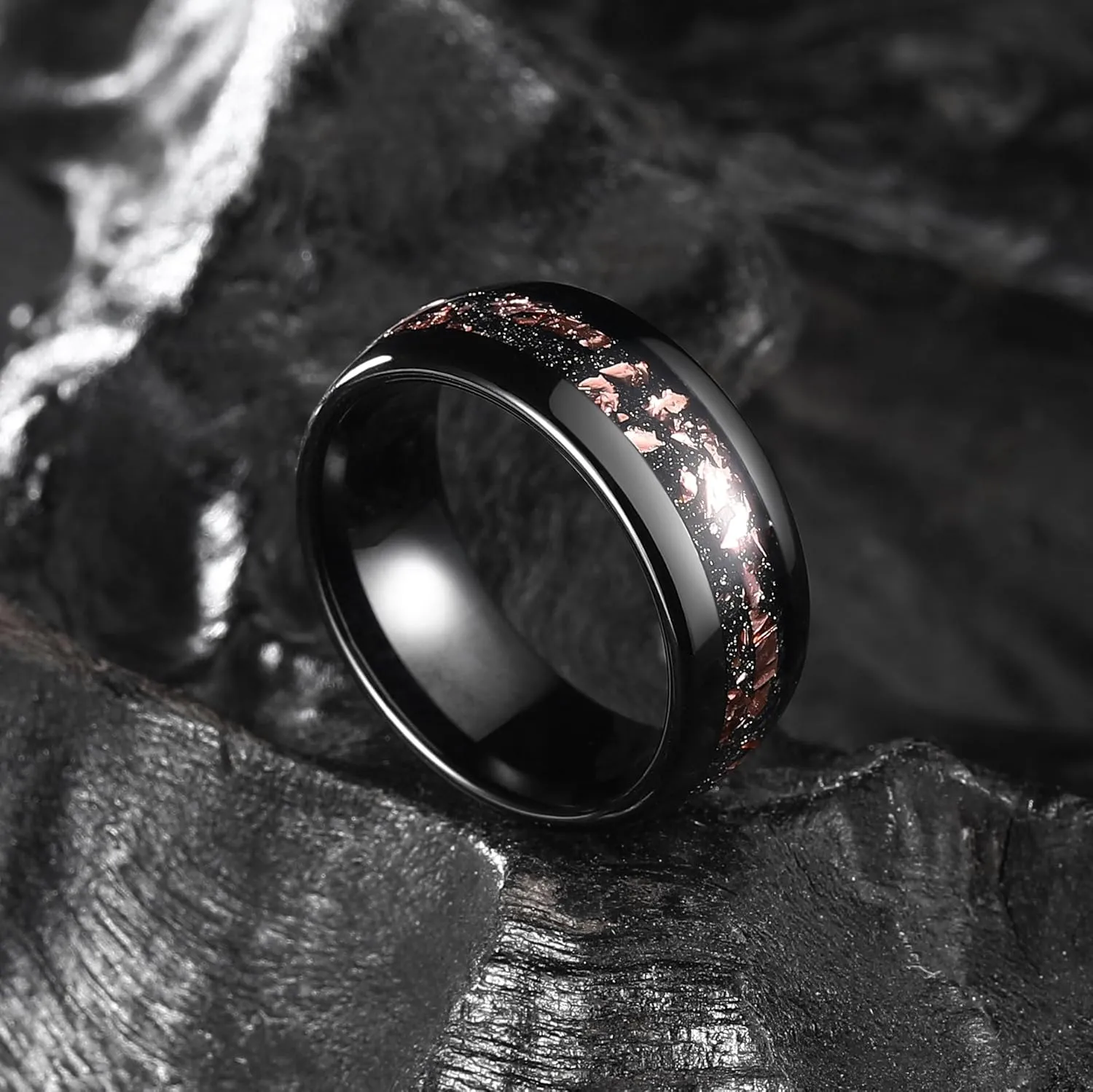 King Will Mens 8mm Tungsten Carbide Wedding Band Rose Gold/Silver Foils Inlay - Black Engagement Ring for Couples, Promise Ring for Women, Domed Polished, Comfort Fit, Size 7-12, Jewelry Box Included