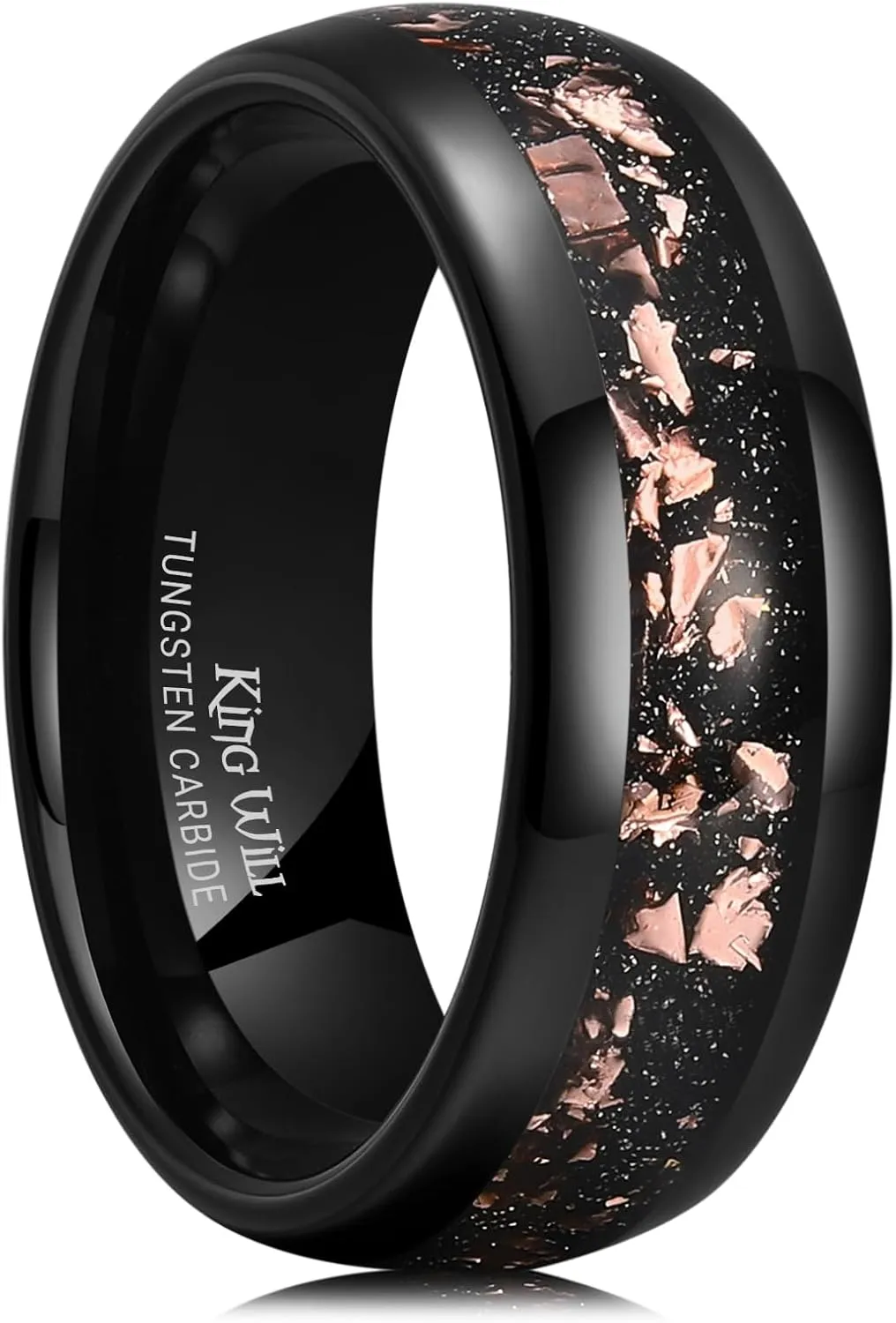 King Will Mens 8mm Tungsten Carbide Wedding Band Rose Gold/Silver Foils Inlay - Black Engagement Ring for Couples, Promise Ring for Women, Domed Polished, Comfort Fit, Size 7-12, Jewelry Box Included