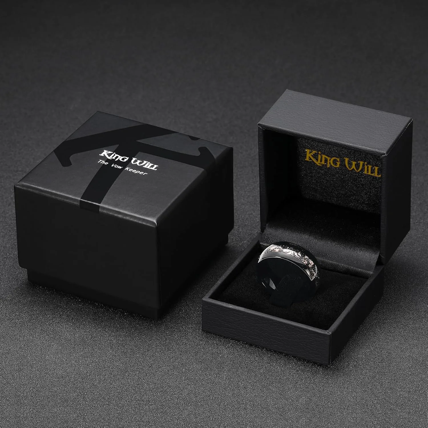 King Will Mens 8mm Tungsten Carbide Wedding Band Rose Gold/Silver Foils Inlay - Black Engagement Ring for Couples, Promise Ring for Women, Domed Polished, Comfort Fit, Size 7-12, Jewelry Box Included