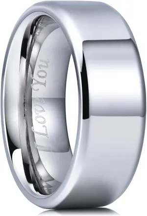 King Will Stainless Steel Wedding Ring for Men Women, Black/Silver Wdding Band Plated Matte Finish&Polished Beveled Edge with Laser I Love You, 2mm-8mm Wedding Ring Band Comfort Fit Size 4-15