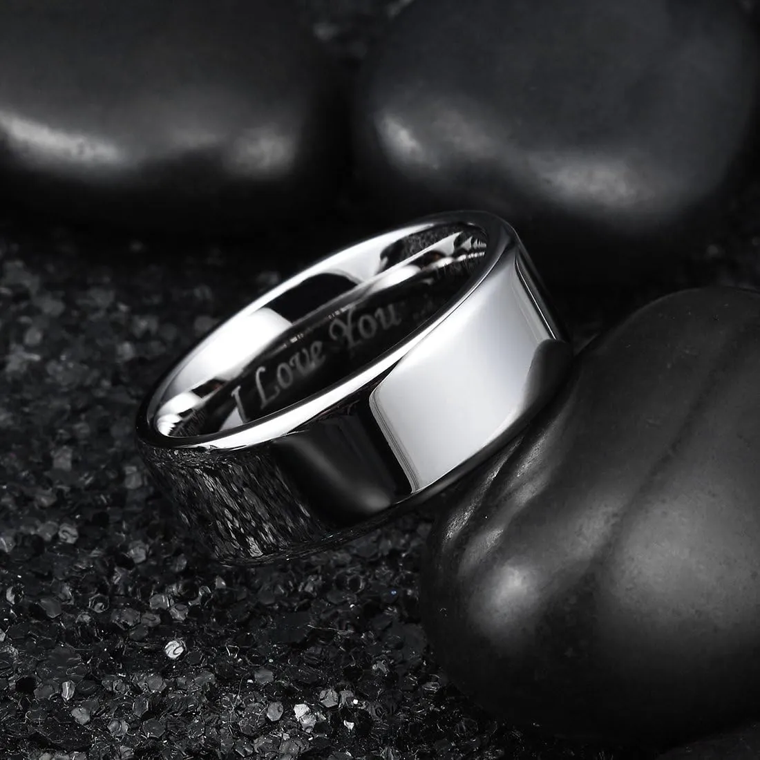 King Will Stainless Steel Wedding Ring for Men Women, Black/Silver Wdding Band Plated Matte Finish&Polished Beveled Edge with Laser I Love You, 2mm-8mm Wedding Ring Band Comfort Fit Size 4-15