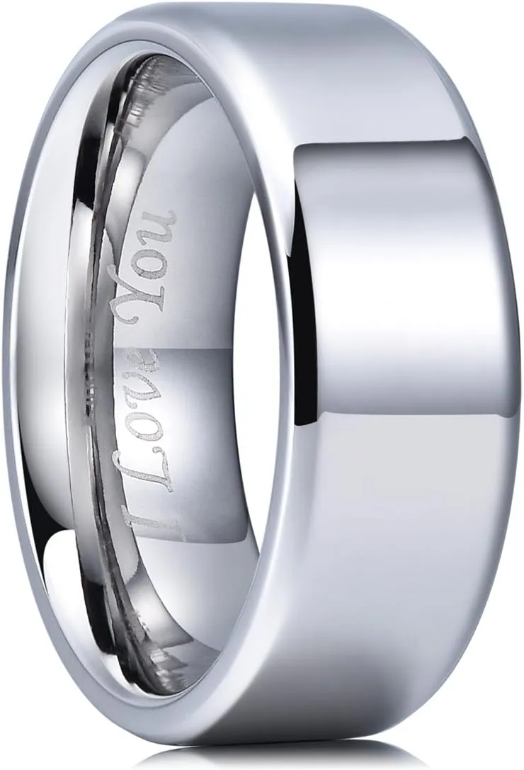 King Will Stainless Steel Wedding Ring for Men Women, Black/Silver Wdding Band Plated Matte Finish&Polished Beveled Edge with Laser I Love You, 2mm-8mm Wedding Ring Band Comfort Fit Size 4-15