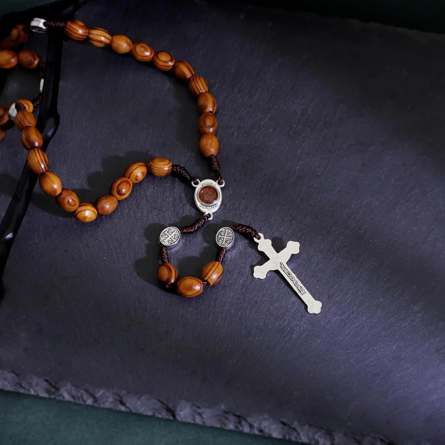 KOMI Handmade Wooden Catholic Rosaries, Rosary Beads Necklace From Bethlehem Wood Christian Prayer Holy Soil Medal & Metal Cross For Catholic Or Christian Gift