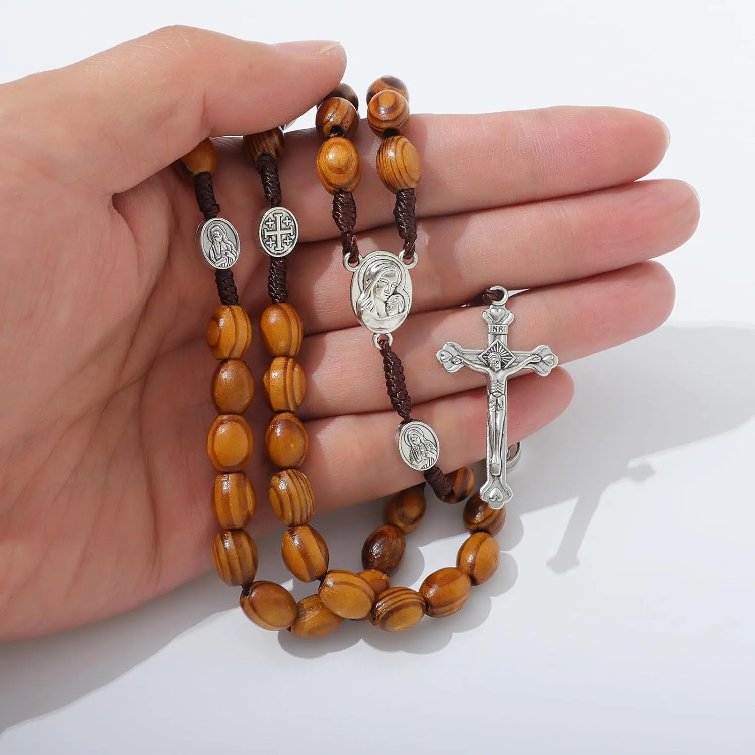 KOMI Handmade Wooden Catholic Rosaries, Rosary Beads Necklace From Bethlehem Wood Christian Prayer Holy Soil Medal & Metal Cross For Catholic Or Christian Gift