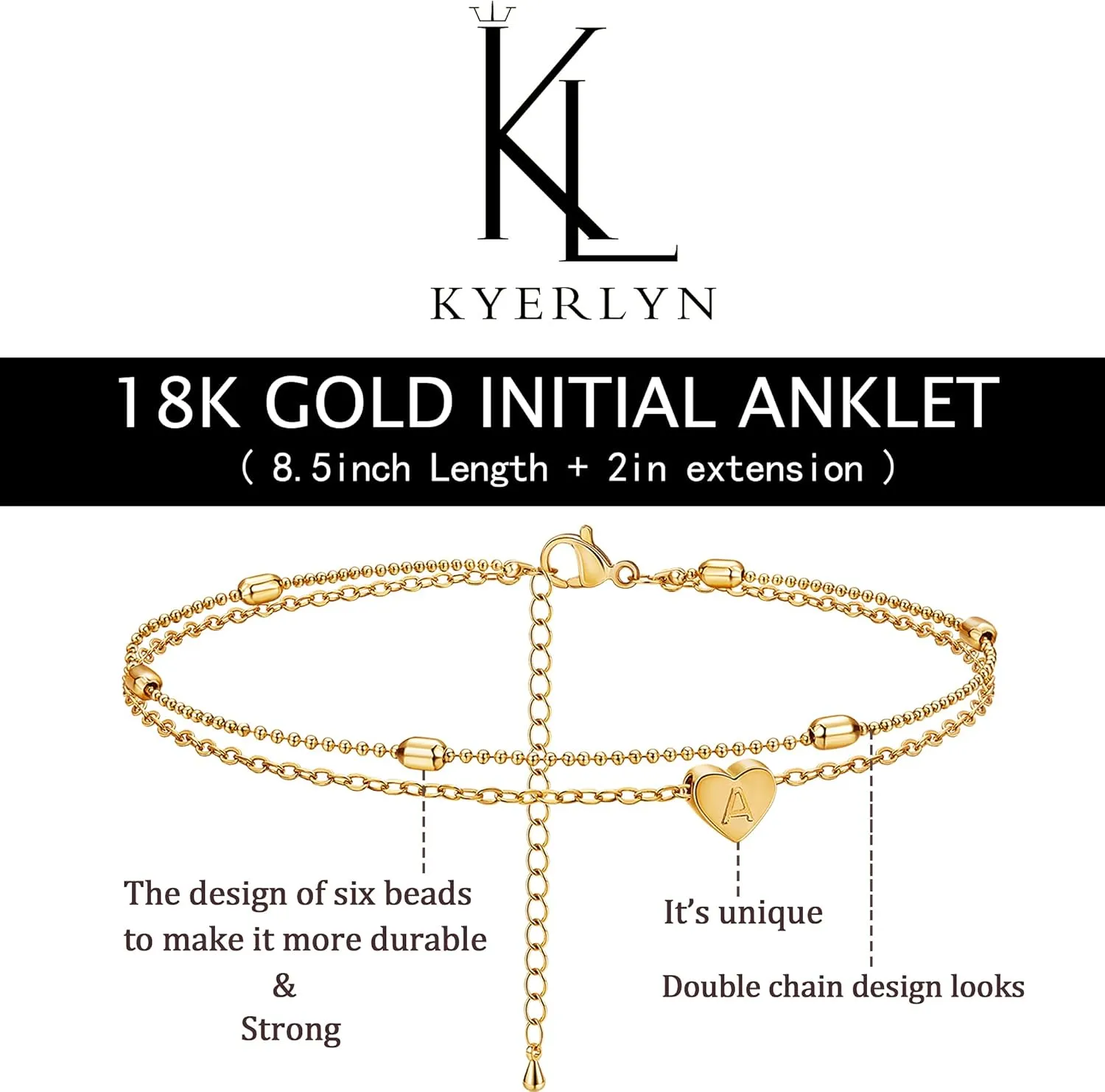Kyerlyn Tiny Initial Heart Anklet 18K Gold Plated Dainty Personalized Letter Heart Charm Anklet Layered Cute Beaded Handmade Carved Alphabet A-Z Layer Anklet Summer Beach Gift for Her