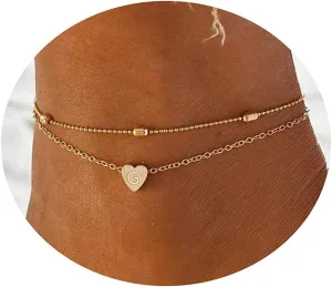 Kyerlyn Tiny Initial Heart Anklet 18K Gold Plated Dainty Personalized Letter Heart Charm Anklet Layered Cute Beaded Handmade Carved Alphabet A-Z Layer Anklet Summer Beach Gift for Her