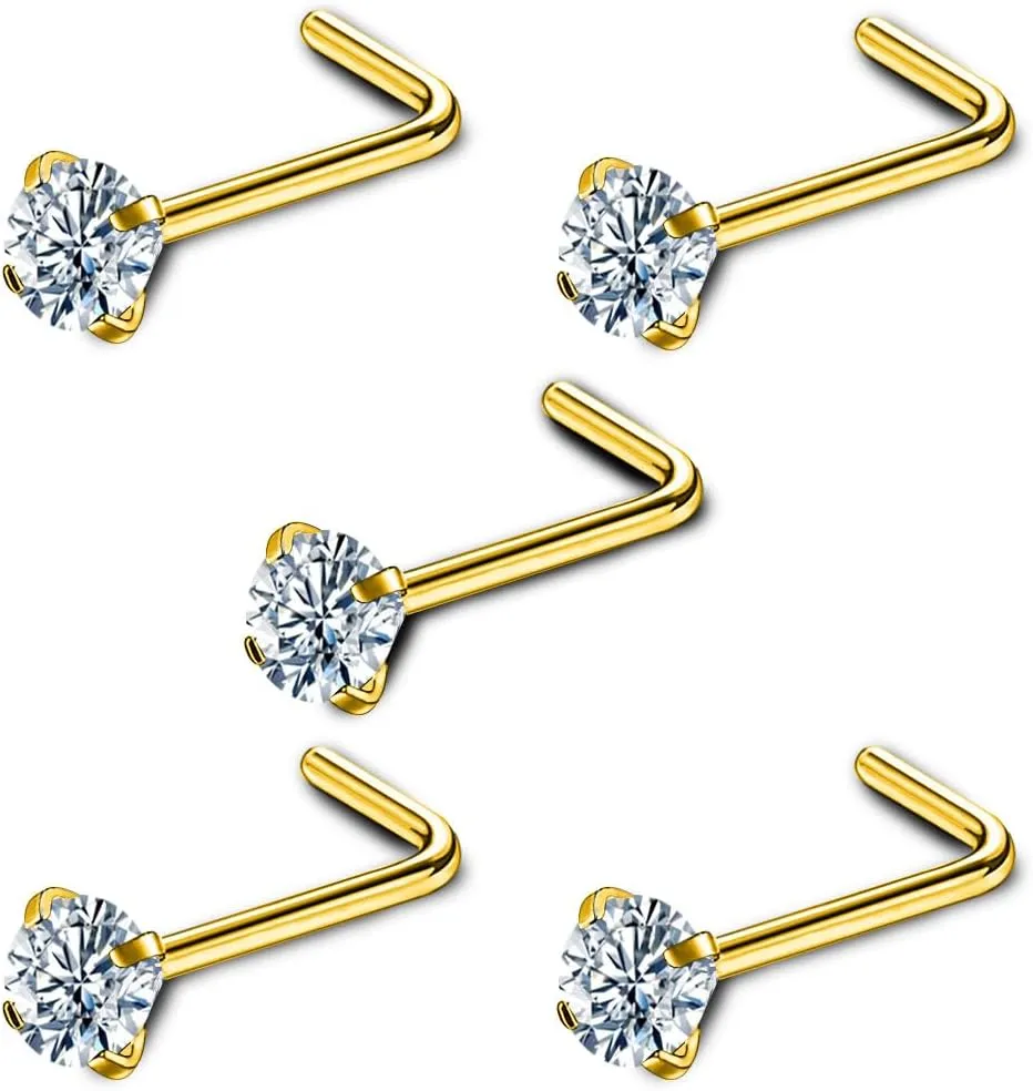 L Shaped 20 Gauge Nose Piercings for Women 5Pcs Gold Nose Rings for Men Hypoallergenic Nose Piercing Nose Studs Surgical Steel Nose Ring 316L Stainless Nose Jewelry