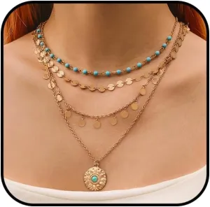 Layered Boho Necklace for Women Gold Stack Turquoise Bead Chain Necklace Western Coin Pendant Necklace Vintage Long Sequin Y Necklaces Summer Bohemian Country Concert Jewelry