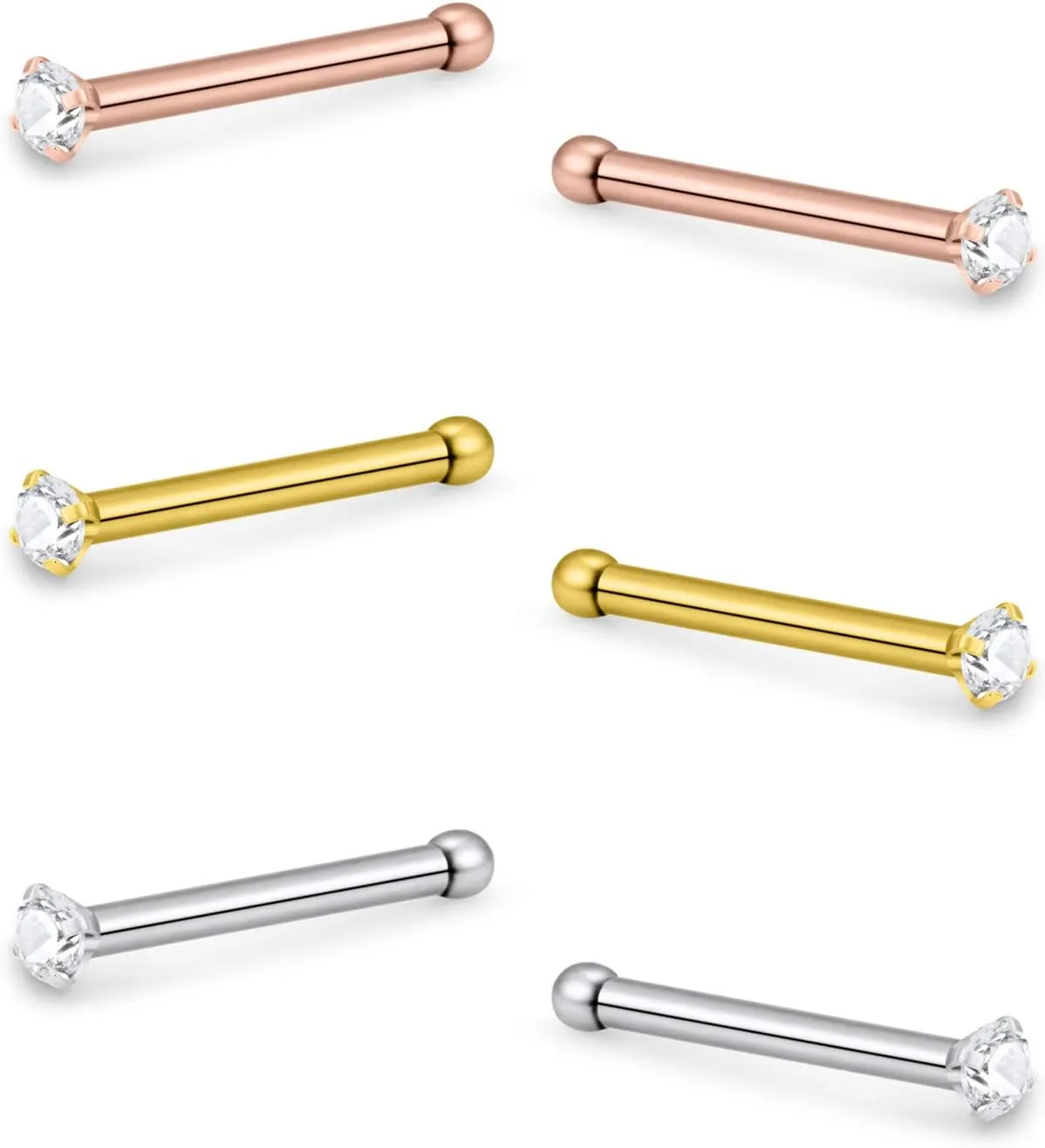 Lcolyoli Nose Rings L Shape Bone Screw Nose Studs Stainless Steel 18G Crystal Hypoallergenic Body Piercing Jewelry 1.5-3MM CZ Silver Gold
