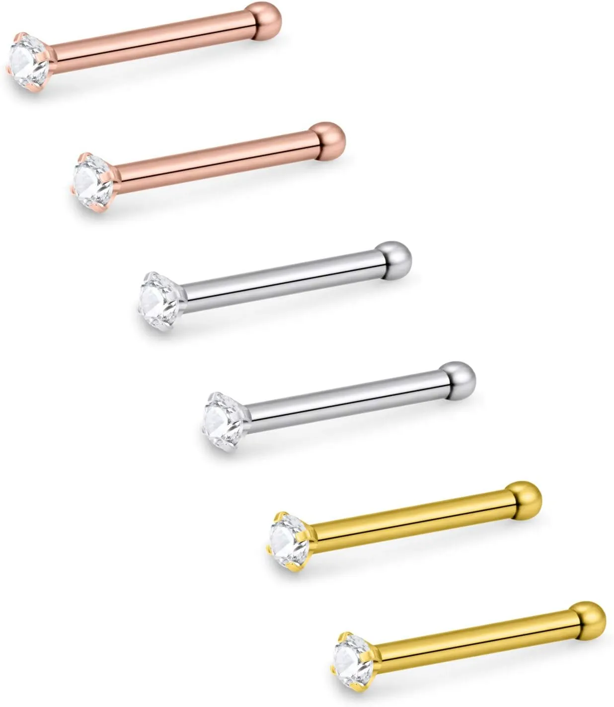 Lcolyoli Nose Rings L Shape Bone Screw Nose Studs Stainless Steel 18G Crystal Hypoallergenic Body Piercing Jewelry 1.5-3MM CZ Silver Gold