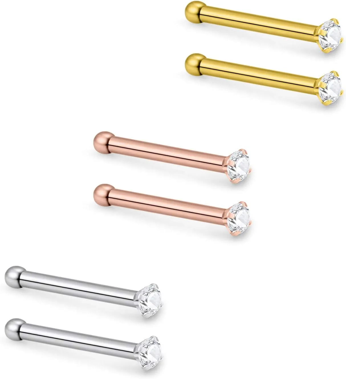 Lcolyoli Nose Rings L Shape Bone Screw Nose Studs Stainless Steel 18G Crystal Hypoallergenic Body Piercing Jewelry 1.5-3MM CZ Silver Gold