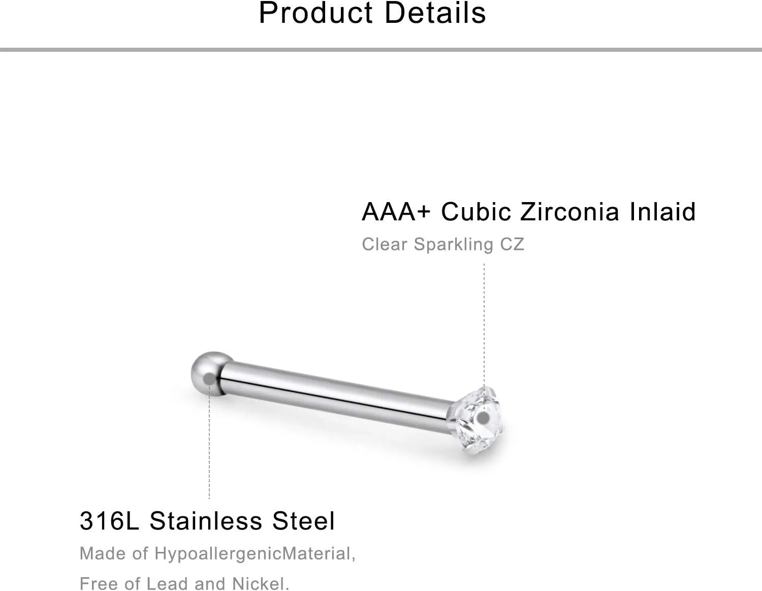 Lcolyoli Nose Rings L Shape Bone Screw Nose Studs Stainless Steel 18G Crystal Hypoallergenic Body Piercing Jewelry 1.5-3MM CZ Silver Gold
