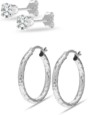 LeCalla 2-3 Pairs 925 Sterling Silver Earrings Set for Women | Sets for Multiple Piercing Huggie Hoop Earrings | CZ Classic Click-Top Endless Chunky Open Hoop Earrings Set Jewelry Gifts for Women Teen