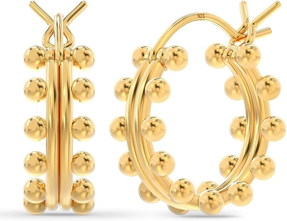 LeCalla 925 Sterling Silver Chunky Hoop Earrings for Teen Women | Double Beaded Hoop Earrings | Small Classic Click-Top Hoop Earring's