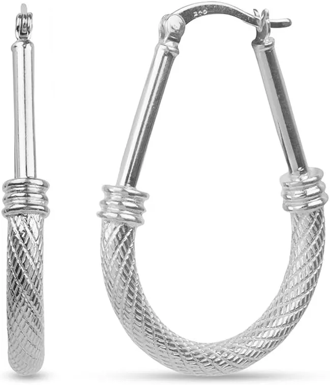LeCalla 925 Sterling Silver Hoop Earrings - Classic Italian Antique Diamond Cut Textured Earring Hoops | Women's Drop Shape Oval Hoop Earring Jewelry for Women
