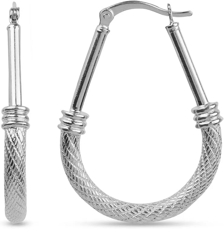 LeCalla 925 Sterling Silver Hoop Earrings - Classic Italian Antique Diamond Cut Textured Earring Hoops | Women's Drop Shape Oval Hoop Earring Jewelry for Women
