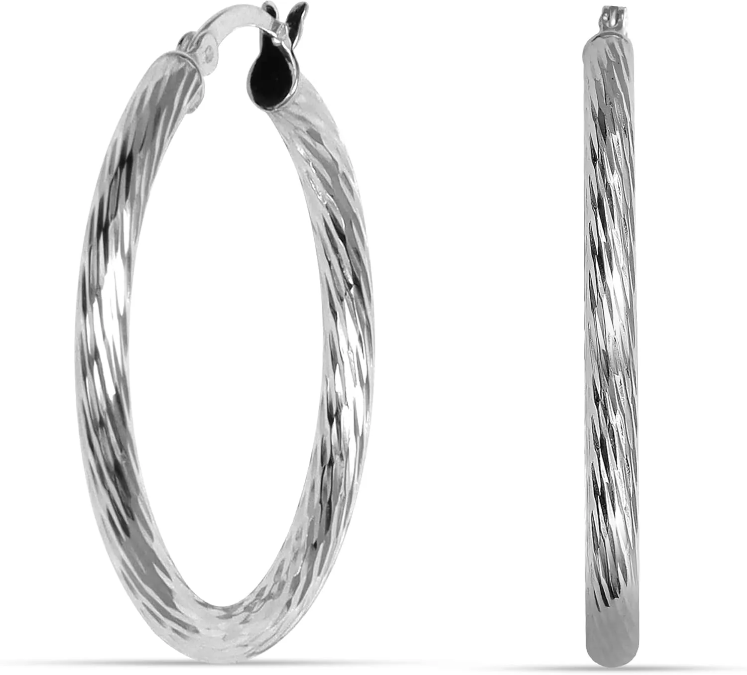 LeCalla 925 Sterling Silver Hoop Earrings for Women Diamond-Cut Classic Textured Italian Design Click-Top Hoop Earrings for Women (15mm to 70mm)