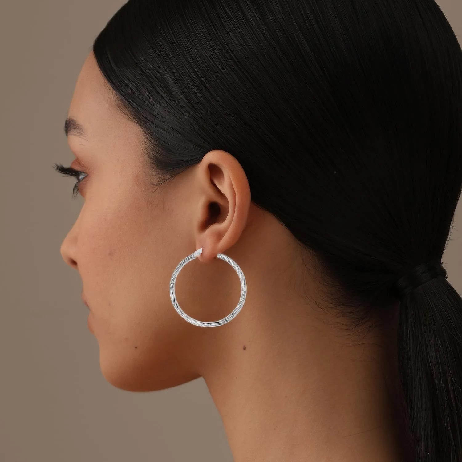 LeCalla 925 Sterling Silver Hoop Earrings for Women Diamond-Cut Classic Textured Italian Design Click-Top Hoop Earrings for Women (15mm to 70mm)
