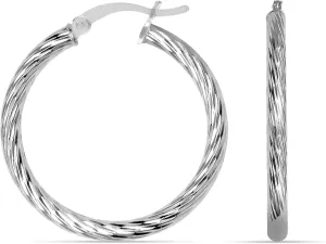 LeCalla 925 Sterling Silver Hoop Earrings for Women Diamond-Cut Classic Textured Italian Design Click-Top Hoop Earrings for Women (15mm to 70mm)