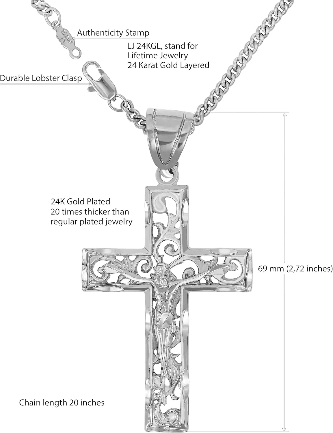 LIFETIME JEWELRY Large Filigree Crucifix Cross Necklace for Men & Women 24k Gold Plated