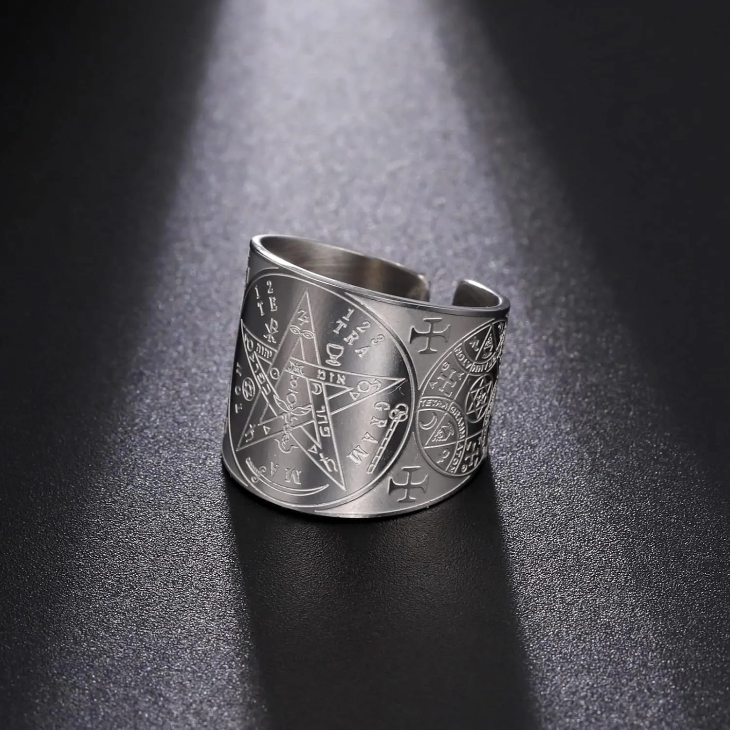 LIKGREAT Tetragrammaton Ring Pentacle Star Pentagram Ring Seal of Solomon Wicca Ring Jewish Yahweh Talisman Amulet Protection Stainless Steel Religious Jewellery for Men Women