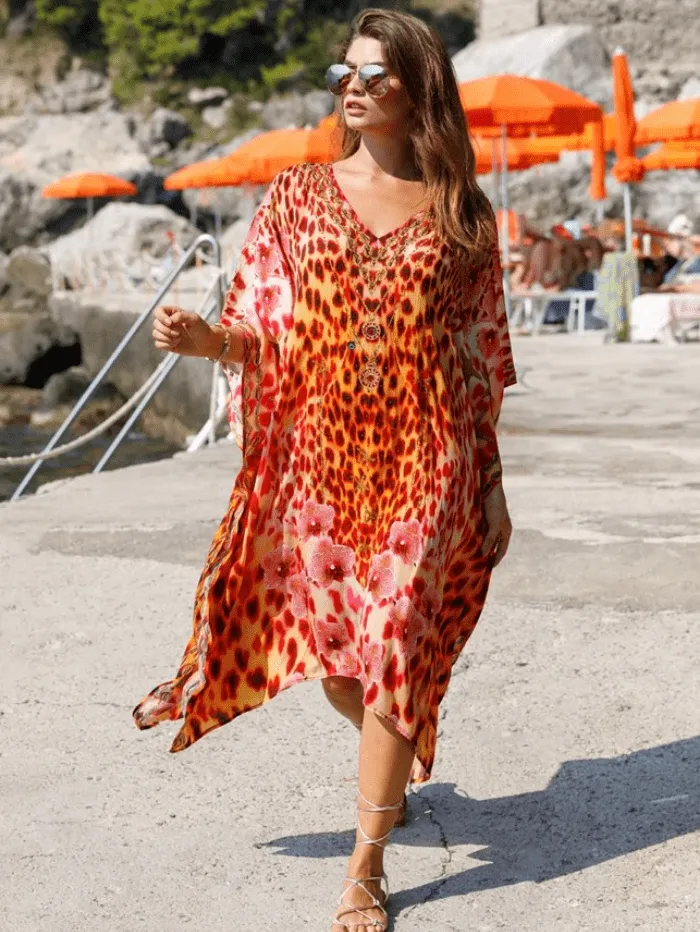 Lindsey Brown T Madagascar Maxi Vibrant Animal Print Kaftan Beach Cover Up