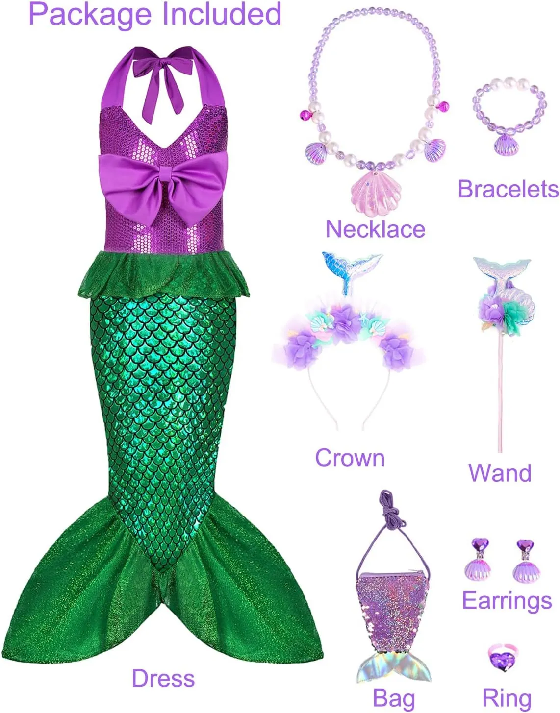 Little Girls Mermaid Costume Kid Princess Ariel Cosplay Dress Outfit Halloween Costume with Accessories Birthday Party