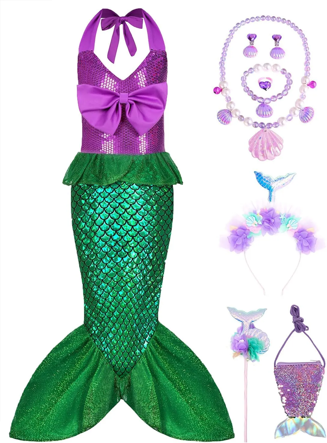 Little Girls Mermaid Costume Kid Princess Ariel Cosplay Dress Outfit Halloween Costume with Accessories Birthday Party