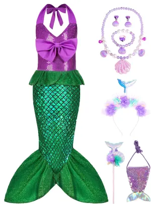 Little Girls Mermaid Costume Kid Princess Ariel Cosplay Dress Outfit Halloween Costume with Accessories Birthday Party