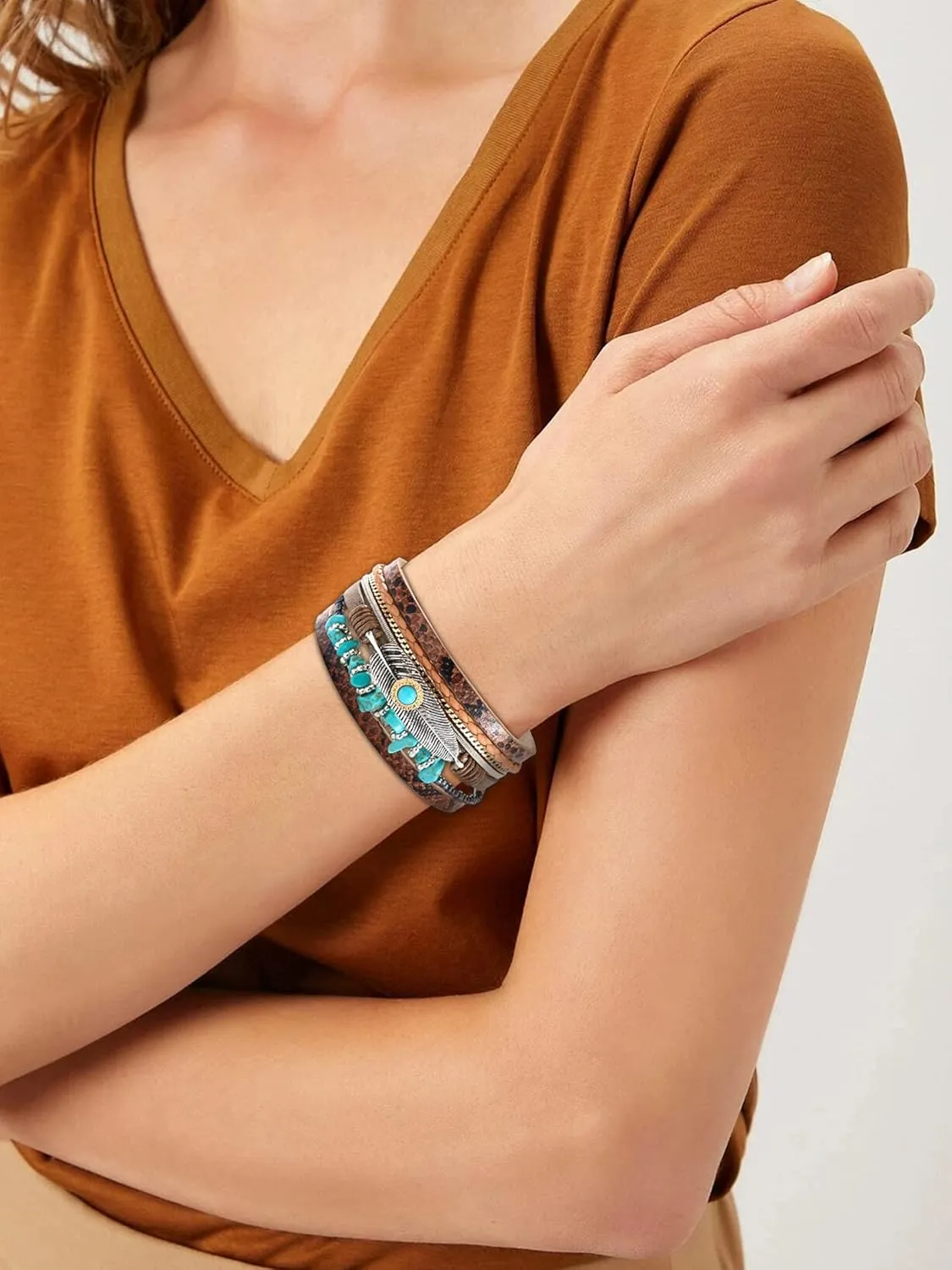 Long tiantian Western Bracelets for Women Boho Leather Wrap Bracelets Stackable Crystal Beaded Bracelet with Clasp Jewelry Gifts Boho Dresses for Women 2025