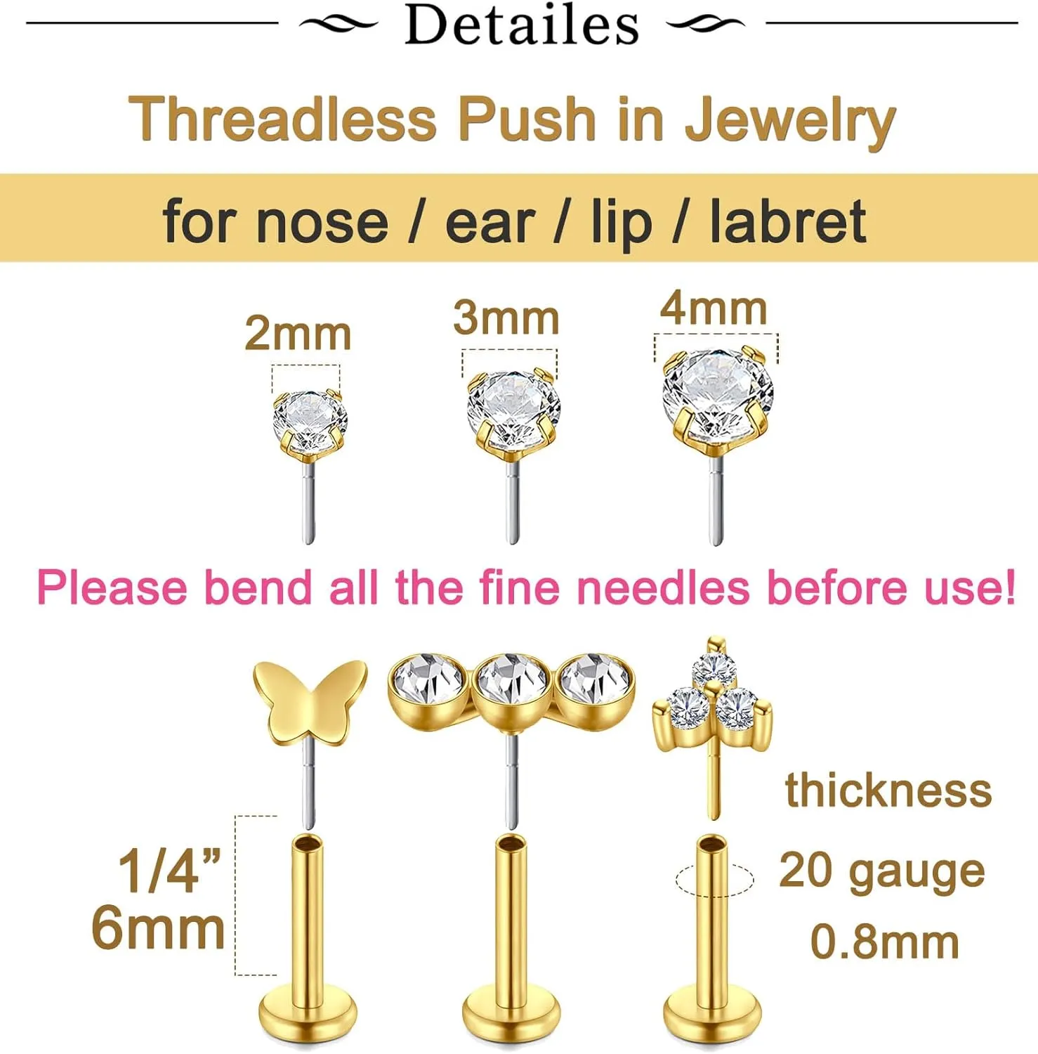 Longita Threadless Nose Stud 20g Flat Back Gold Cartilage Earring Silver Helix Earrings 20 Gauge Push in With Backs Nose Rings Hoops Piercing Taper